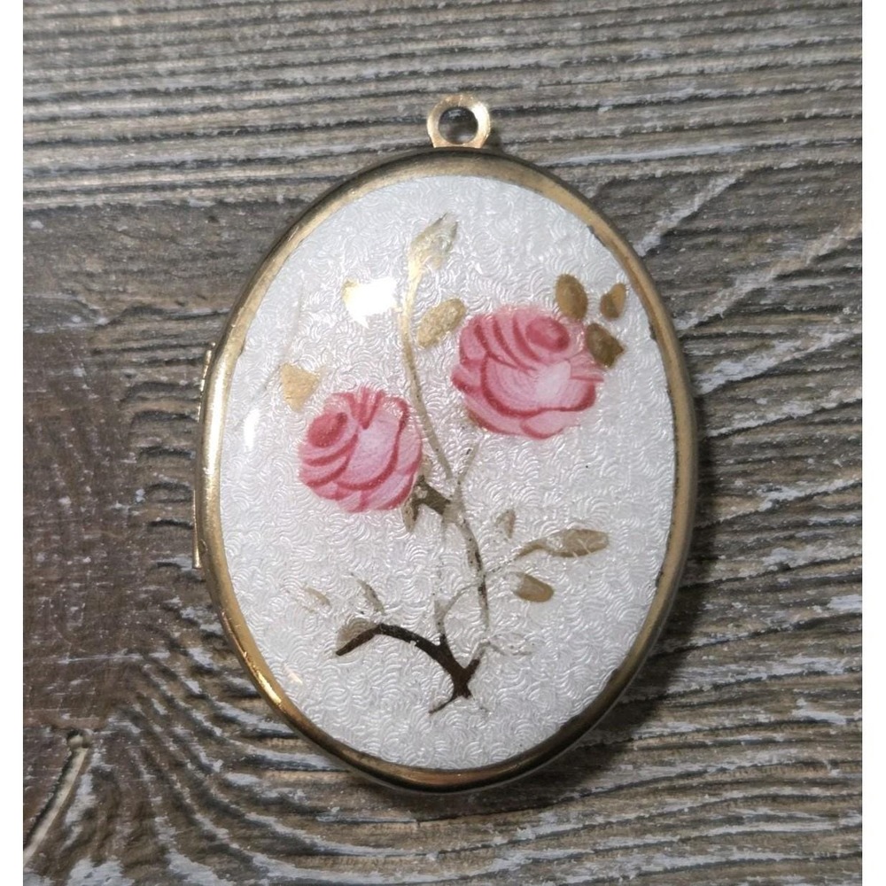 Gold Tone Oval Rose Photo Locket Pendant - Enamel Vintage Floral